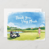 Carte Postale Golf femme golfer avec chariot sur vert (Devant / Derrière)