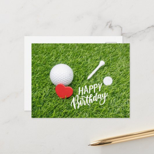 Carte Postale Golf Joyeux Anniversaire balle de golf et tee avec (Devant/Arrière en situation)