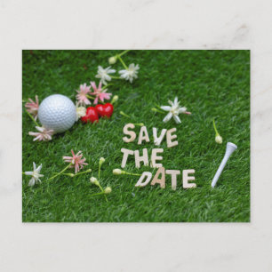 Carte Postale Golf Sauvez la date avec balle de golf et fleurs