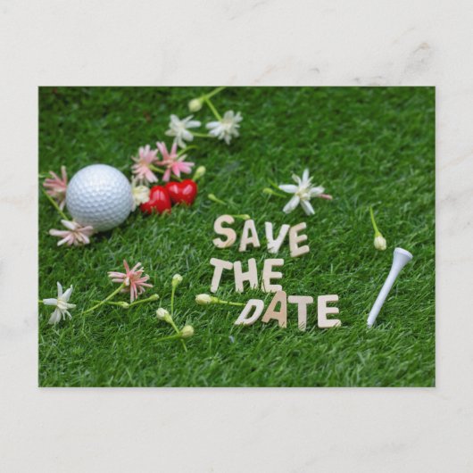Carte Postale Golf Sauvez la date avec balle de golf et fleurs (Devant)