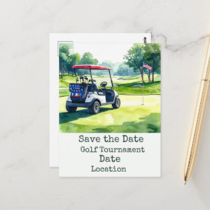 Carte Postale Golf Save the Date avec balle de golf et drapeau a