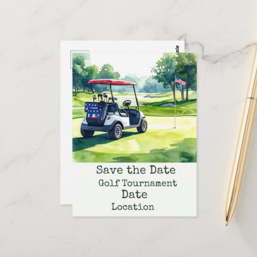 Carte Postale Golf Save the Date avec balle de golf et drapeau a (Devant/Arrière en situation)