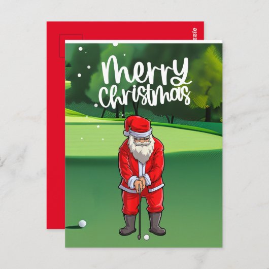 Carte Postale Golfer Santa Claus golf sur vert à Noël (Devant / Derrière)