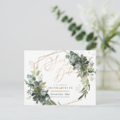 Carte Postale Gomme bleu rustique Eucalyptus, vert Sauvez la dat (Debout devant)