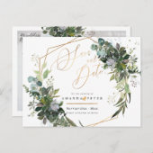 Carte Postale Gomme bleu rustique Eucalyptus, vert Sauvez la dat (Devant / Derrière)