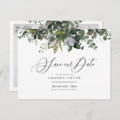 Carte Postale Gomme bleu rustique Eucalyptus, vert Sauvez la dat (Devant / Derrière)