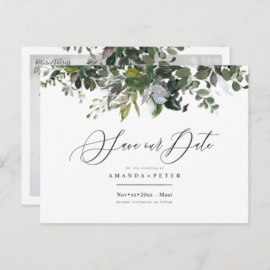 Carte Postale Gomme bleu rustique Eucalyptus, vert Sauvez la dat (Devant / Derrière)