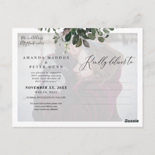 Carte Postale Gomme bleu rustique Eucalyptus, vert Sauvez la dat (Dos)