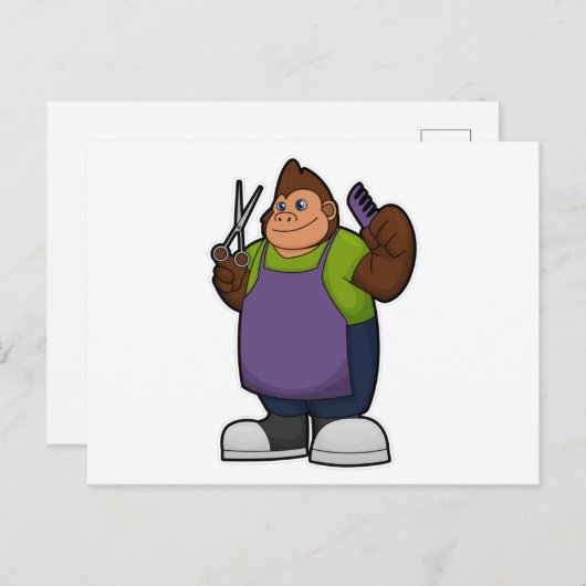 Carte Postale Gorille coiffeur avec ciseaux & peigne (Devant / Derrière)