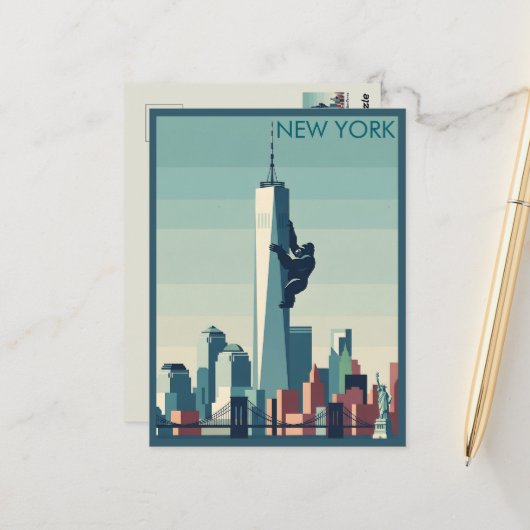 Carte Postale Gorille de New York sur le thème de la WPA (Devant/Arrière en situation)
