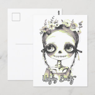 Carte Postale Goth été Skeleton fille et fleurs