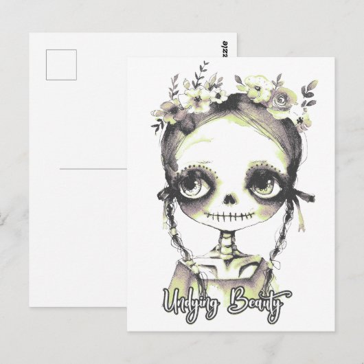 Carte Postale Goth été Skeleton fille et fleurs (Devant / Derrière)