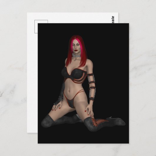 Carte Postale Goth Punk Vampire femme en cuir noir (Devant / Derrière)
