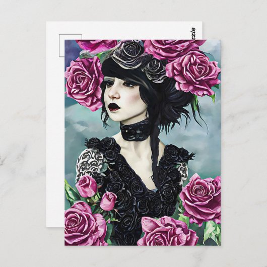 Carte Postale Goth Rose Girl Art original Peinture numérique (Devant / Derrière)