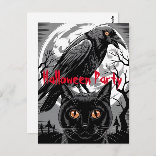 Carte Postale Gothique Black Crow & Cat Éffrayant Halloween Part (Devant / Derrière)