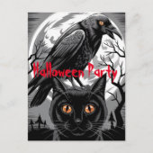 Carte Postale Gothique Black Crow & Cat Éffrayant Halloween Part (Devant)
