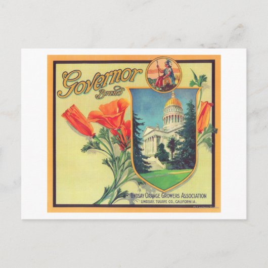 Carte Postale Gouverneur Orange LabelLindsay, CA (Devant)