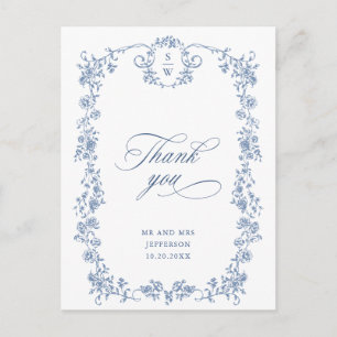 Carte Postale Grâce Ornée Victorienne Poussiéreuse Bleu Merci