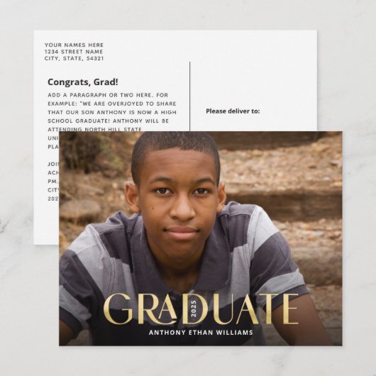 Carte Postale Graduate moderne Gold Overlay Photo Graduation (Devant / Derrière)