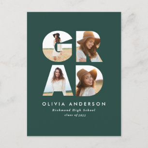 Carte Postale Graduation 4 photo moderne faire-part vert 