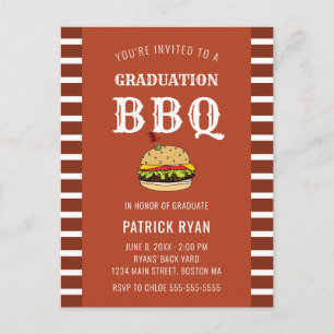 Carte Postale Graduation BBQ Party Orange White Stripe Invitatio