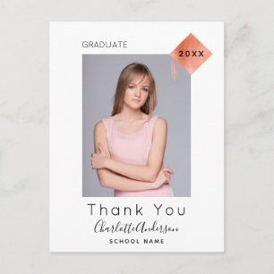 Carte Postale Graduation blanc rose or moderne photo merci