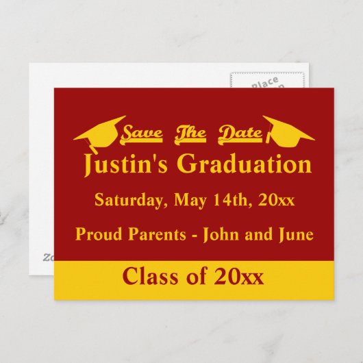 Carte Postale Graduation Enregistrer la date Cardinal et Or (Devant / Derrière)