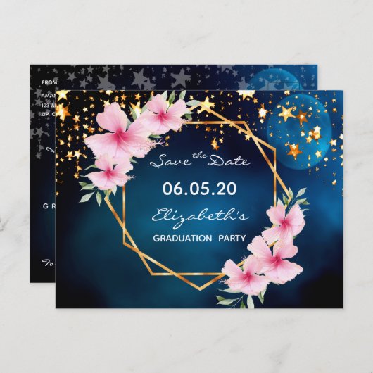 Carte Postale Graduation enregistrer la date tropicale bleu ciel (Devant / Derrière)