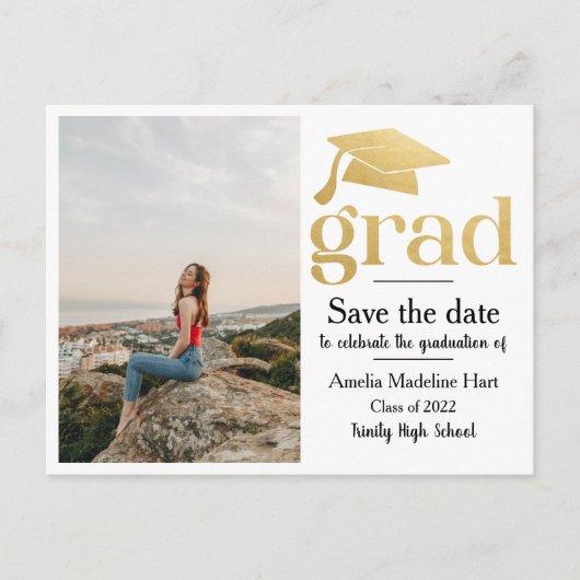Carte Postale Graduation Faux Gold Foil | Enregistrer la photo d (Devant)