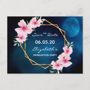 Carte Postale Graduation Fleurs roses bleues Enregistrer la date