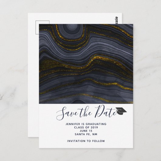 Carte Postale Graduation moderne Black & Gold Agate Enregistrer  (Devant / Derrière)