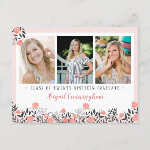 Carte Postale Graduation Party Floral Géométrique Blush Rose or