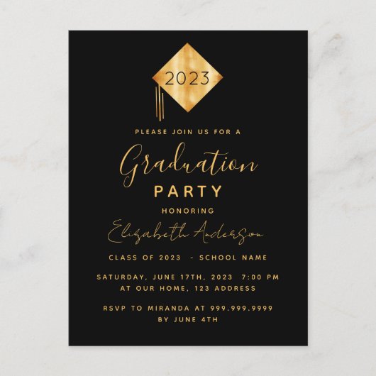 Carte Postale Graduation party sur l'invitation en or noir (Devant)