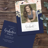 Carte Postale Graduation Photo Elégant Moderne Floral Marine Ble