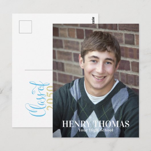 Carte Postale Graduation Photo Minimaliste Classic Script Gold (Devant / Derrière)