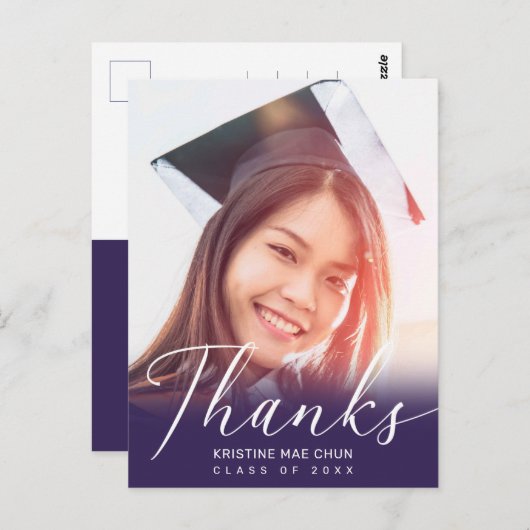Carte Postale Graduation Photo Modern Script Purple Thank You (Devant / Derrière)