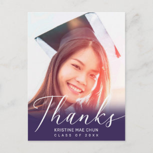 Carte Postale Graduation Photo Modern Script Purple Thank You