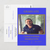 Carte Postale Graduation Photo moderne Gold Blue Party (Devant / Derrière)
