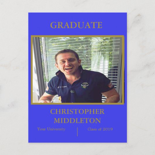 Carte Postale Graduation Photo moderne Gold Blue Party (Devant)