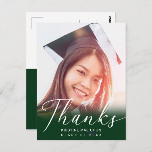 Carte Postale Graduation Photo Script moderne Merci vert (Devant / Derrière)