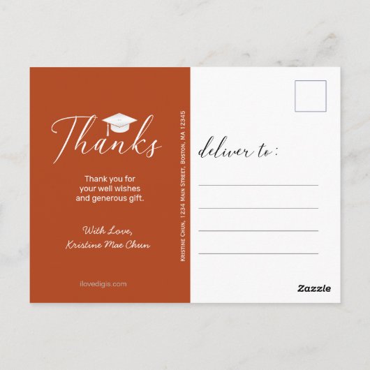 Carte Postale Graduation Photo : Script Orange Thank You (Dos)