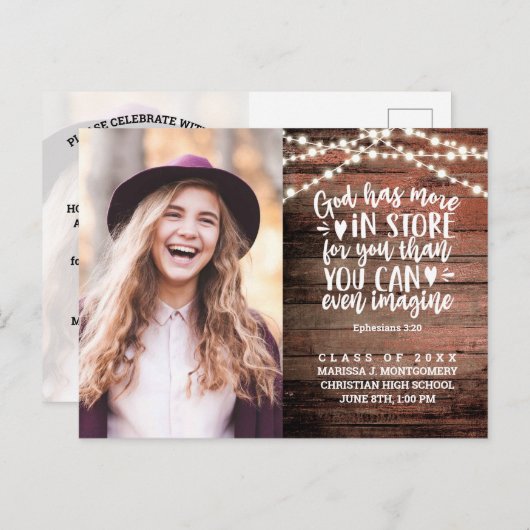 Carte Postale Graduation Rustique String Lights Photo Bible Vers (Devant / Derrière)