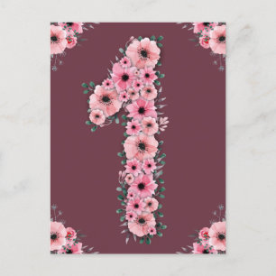 Carte Postale Grand 1er Anniversaire Fleurs Roses Fille Feuillag