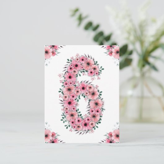 Carte Postale Grand 6e Anniversaire Fleurs Roses Fille Feuillage (Debout devant)