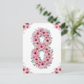 Carte Postale Grand 8e Anniversaire Fleurs Roses Fille Feuillage (Debout devant)