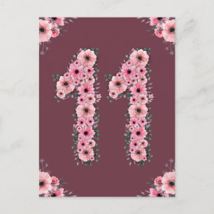 Carte Postale Grand Anniversaire 11 ans Fleurs Roses Fille Feuil