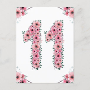 Carte Postale Grand Anniversaire 11 ans Fleurs Roses Fille Feuil