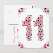 Carte Postale Grand Anniversaire 11 ans Fleurs Roses Fille Feuil (Devant / Derrière)