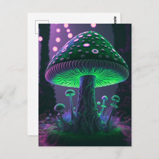 Carte Postale Grand Champignons Lumineux - Vert & Rose (Devant / Derrière)
