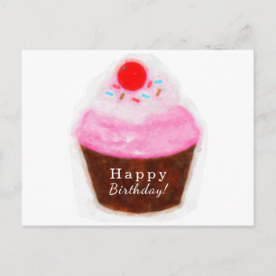 Carte Postale Grand Gâteau & Cerise Aquarelle Joyeux Anniversair